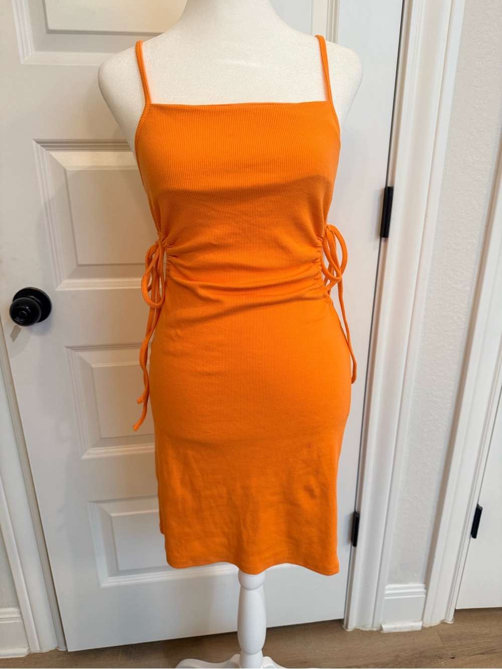 Zara Orange Square-Neck Ruched Side Mini Dress